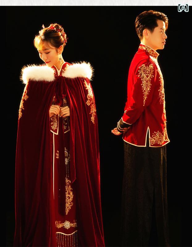 ケープ レディース 花嫁 ブライダル 中華風 結婚式 ワインレッド ベロア ファー襟付き 厚手 ショール ..