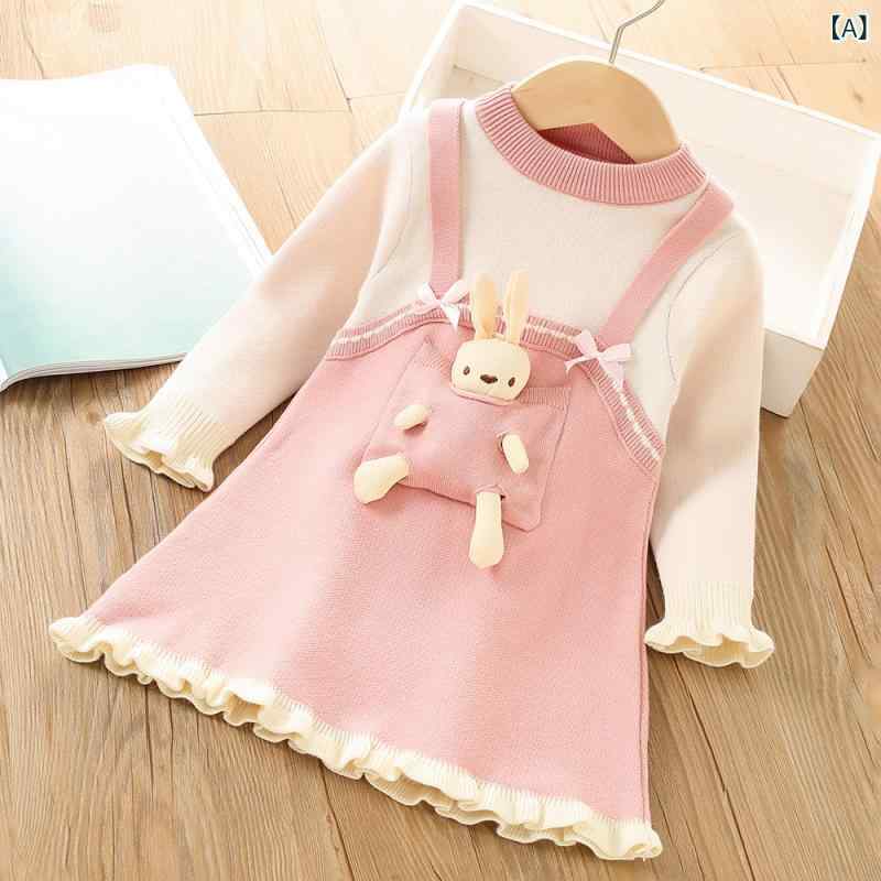 ニットワンピース 女の子 女児 キッズ うさぎ柄 重ね着風 長袖 かわいい 韓国風 カジュアル おしゃれ アクリル フリル裾デザイン ピンク 水色 秋冬