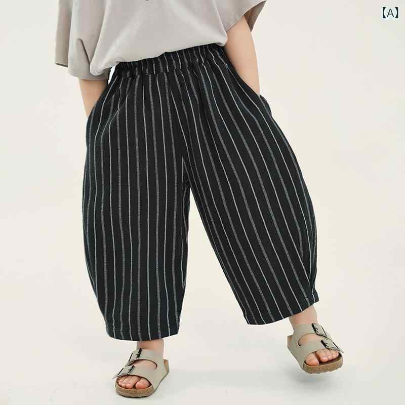 ・カテゴリ: キッズパンツ・スタイル: 韓国風、カジュアル・主な素材: 綿 60%、レーヨン 15%、麻 13%、ポリエステル 12%・パンツ丈: 9分丈・安全基準: B類・対象性別: 男の子・対象年齢: 3歳〜8歳（身長100cm〜140cm）・生地加工: 柔軟加工・柄: ストライプ・ウエスト: ミドルウエスト・前開き: ゴム仕様・カラー展開: ブラック・サイズ展開: 90cm、100cm、110cm、120cm、130cm、140cm