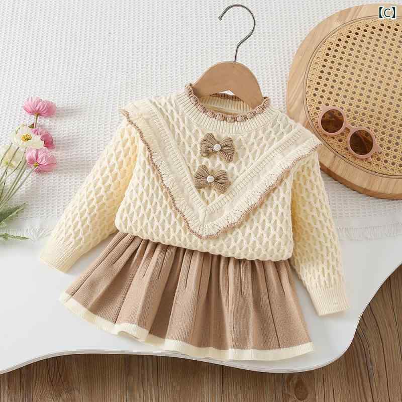 スカートセット 女の子 ニット セーター 秋冬 かわいい おしゃれ 上品 長袖 プルオーバー リボン 2点セット アクリル ガールズ 通園 通学 お出かけ デイリー あったか