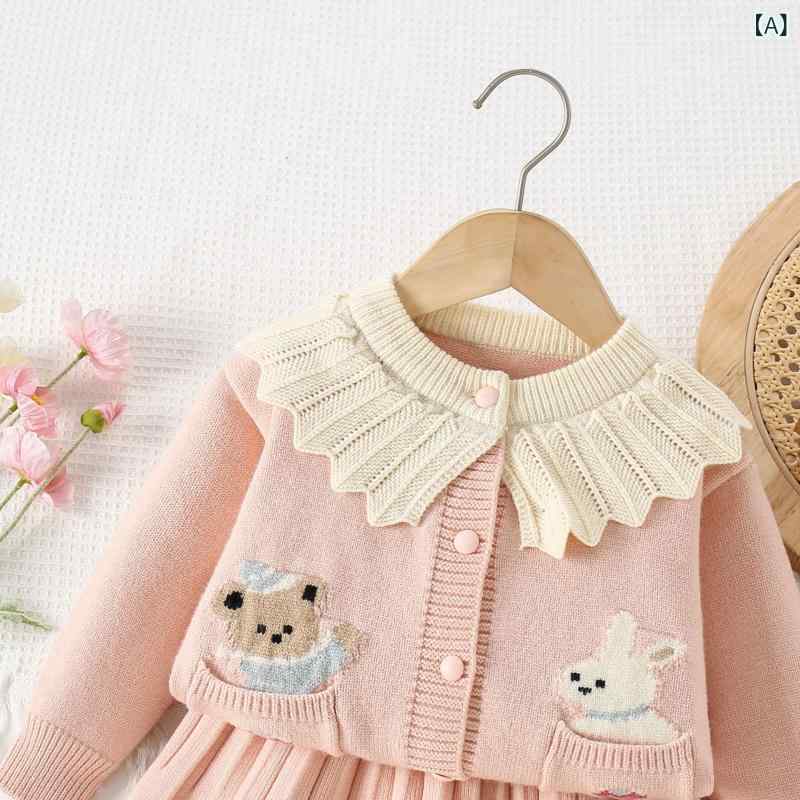 ニットカーディガン 女の子 ガールズ キッズ 子供服 秋冬 春 韓国風 おしゃれ かわいい キャラクター アニマル うさぎ クマ ピンク レッド アクリル ソフトタッチ 長袖 ラウンドネック シングルボタン 羽織り