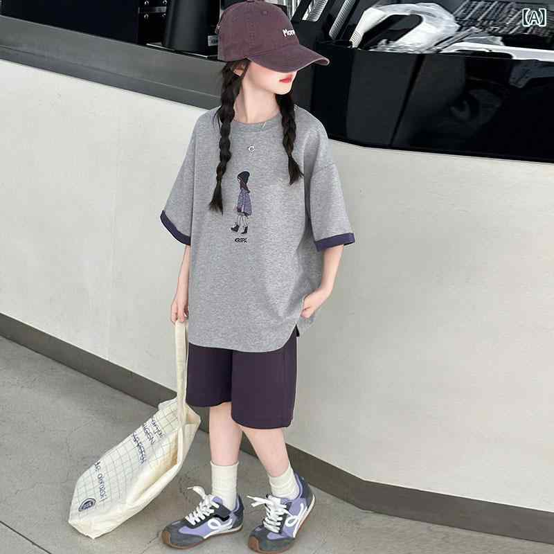 セットアップ キッズ 女の子 半袖 Tシャツ ハーフパンツ 2点セット 丸首 コットン混紡 柔らかい 通気性 吸汗速乾 快適 薄手 カジュアル ルームウェア スポーツ 通学 普段着 子供服 プリント キャラクター