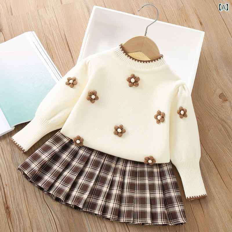キッズ 女の子 ニットセットアップ 秋冬 花柄 プルオーバー セーター 長袖 プリーツスカート 2点セット アクリル 韓国風 おしゃれ かわいい 上品 通園 普段使い