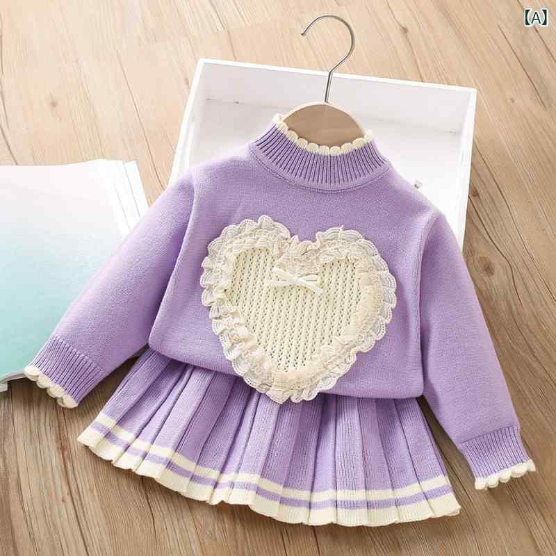 ニット セットアップ キッズ 女の子 子供服 秋冬 韓国ファッション フリル レース 長袖 プルオーバー ..