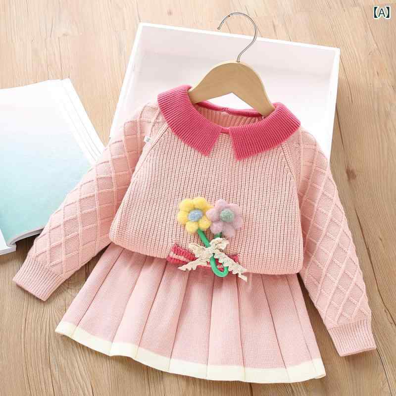 キッズ 女の子 ニット 長袖 プルオーバー 付け襟 スカート 2点セット 韓国風 おしゃれ 立体花柄 かわい..