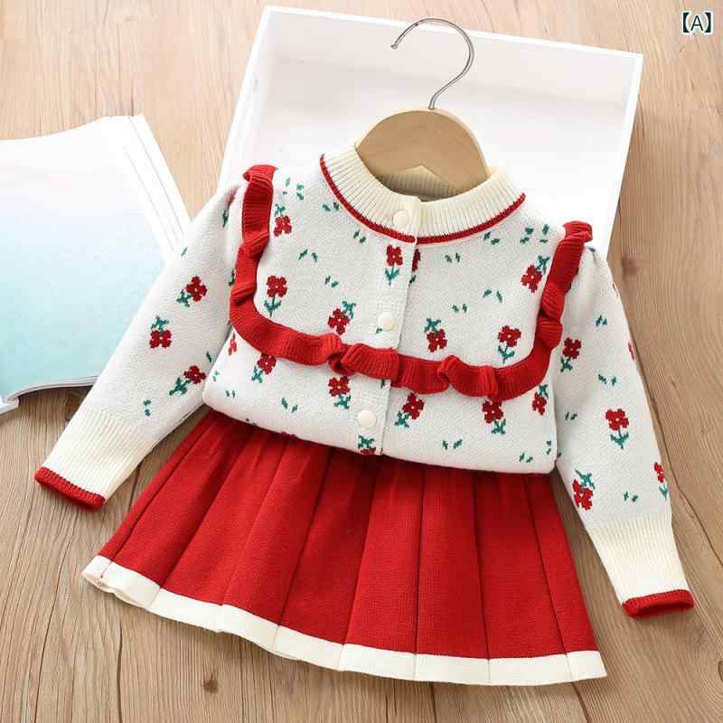 キッズ 女の子 ニットセットアップ ツーピース アクリル製 花柄 長袖 カーディガン スカート かわいい ..