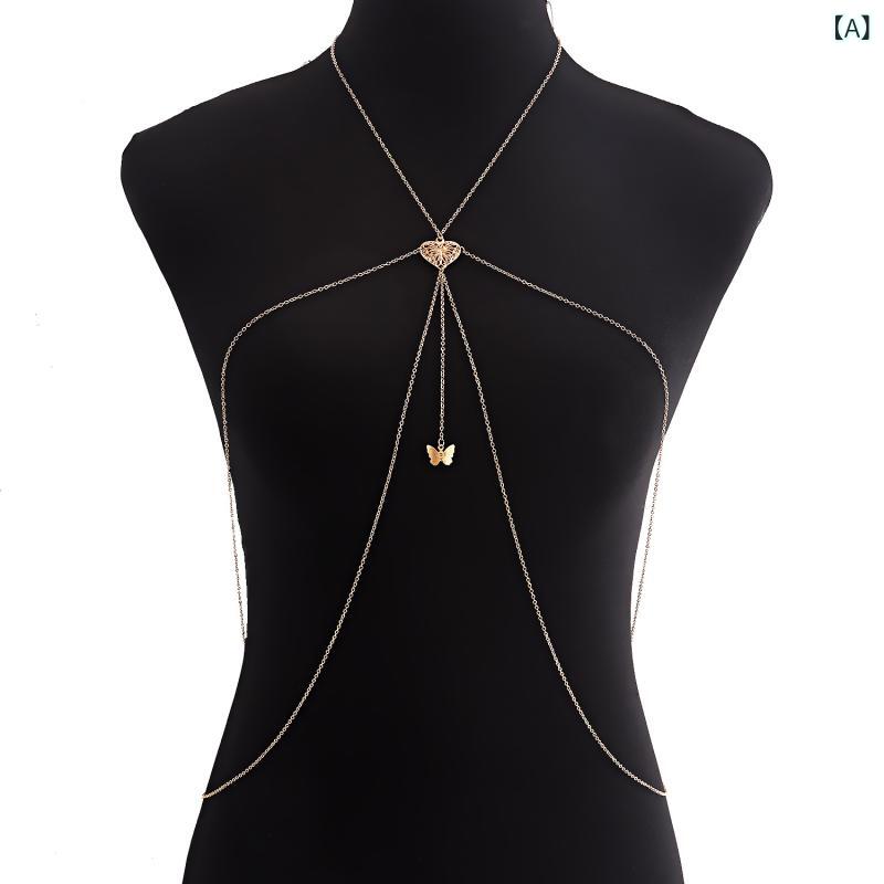 ボディチェーン レディース 欧米風 インスタ映え 幾何学模様 透かし彫り バタフライ ペンダント メタル セクシー 合金製 電気メッキ加工 ゴールド
