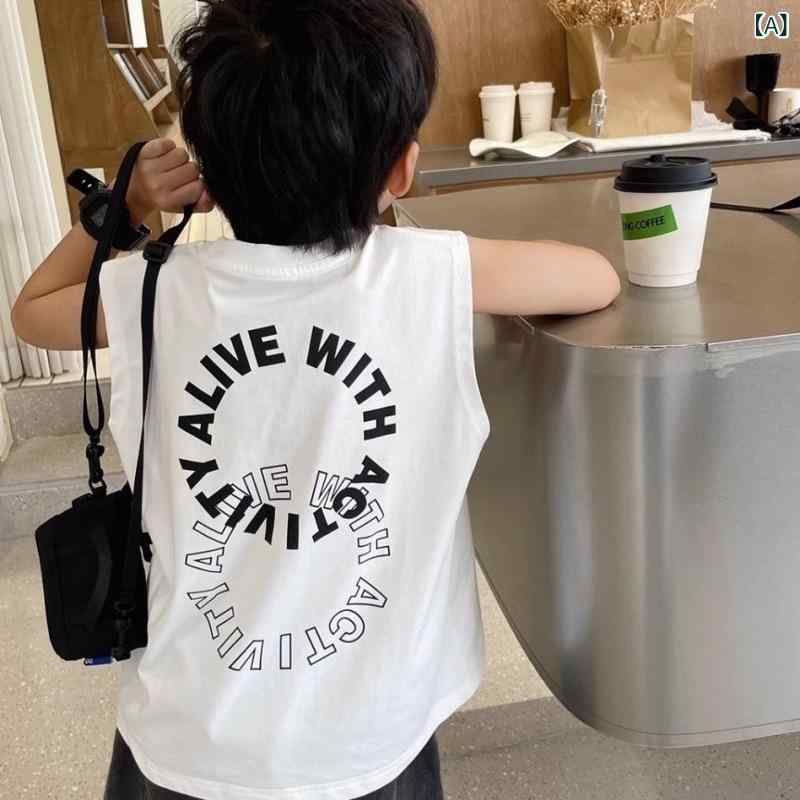 Tシャツ キッズ 男の子 タンクトップ ノースリーブ コットン 丸首 トップス 子供服 薄手 春夏 部屋着 通園 通学 カジュアル ホワイト 英字 ロゴ