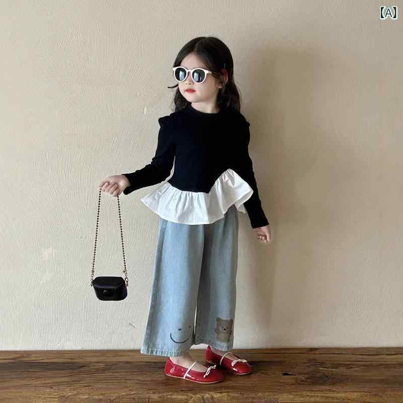 ・カテゴリ: キッズセットアップ・スタイル: 韓国・性別: 女の子・タイプ: パンツセット・セット内容: 2点セット・対象年齢: 3～8歳 (100～140cm)・袖丈: 長袖・パンツ丈: ロング丈・主な素材: ポリエステル90%・生地加工: 柔軟加工・厚さ: 標準・柄: 無地・開閉タイプ: プルオーバー・カラー展開: ブラック、ピンク、デニム・サイズ展開: 90、100、110、120、130、140