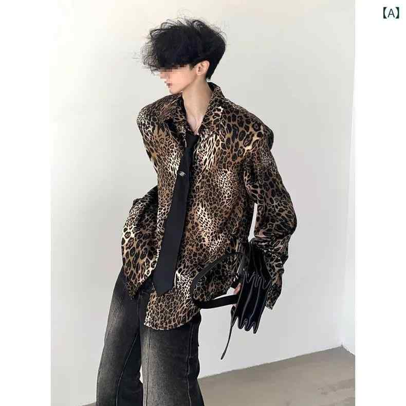 シャツ メンズ パッド入りショルダー ヒョウ柄 アメリカン レトロ ヴィンテージ 個性的 おしゃれ ワイルド クール ゆったり オーバーサ..