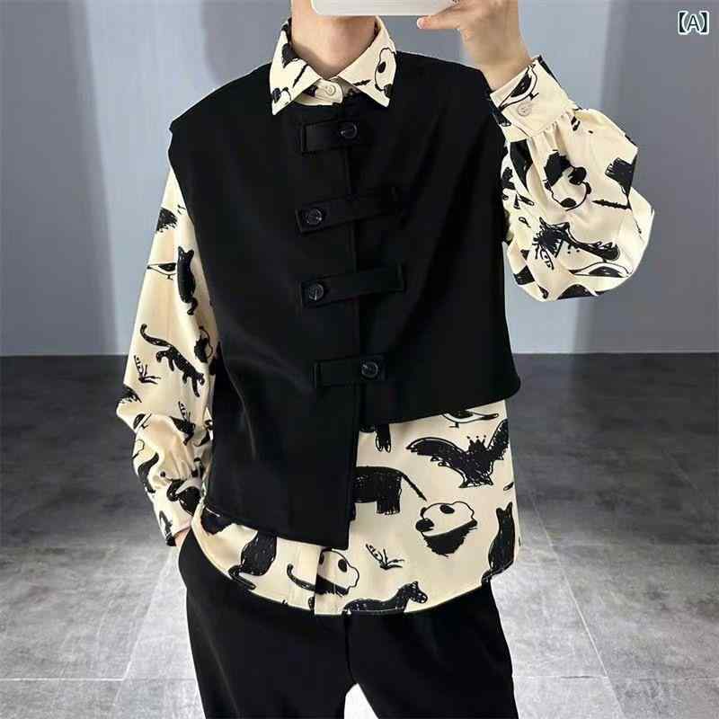 シャツ メンズ 男性用 春夏 ベスト ジレ 2点セット アンサンブル ゆったり ビッグシルエット スタンドカラー ヒョウ柄 ワイルド系 トレンド デザイン おしゃれ ポリエステル ウォッシャブル 形態安定
