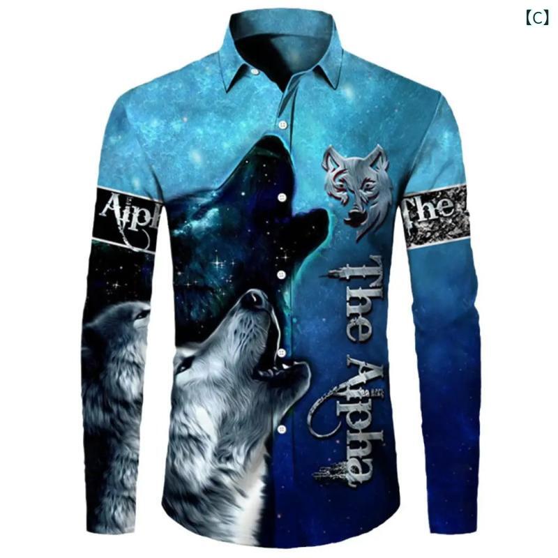 シャツ メンズ 男性用 動物柄 ウルフ 獰猛 ワイルド 3D プリント 長袖 カジュアル 普段使い スポーツミックス ウォッシャブル ゆったり ルーズフィット ポリエステル ストレッチ 襟付き 開襟 春秋