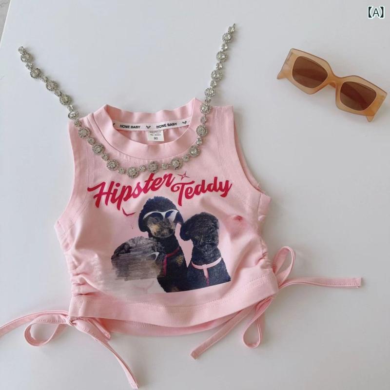 タンクトップ キッズ 女の子 夏 ノースリーブ キャミソール トップス コットン ドローストリング ロゴ アルファベット かわいい おしゃれ ピンク ブルー 90 100 120