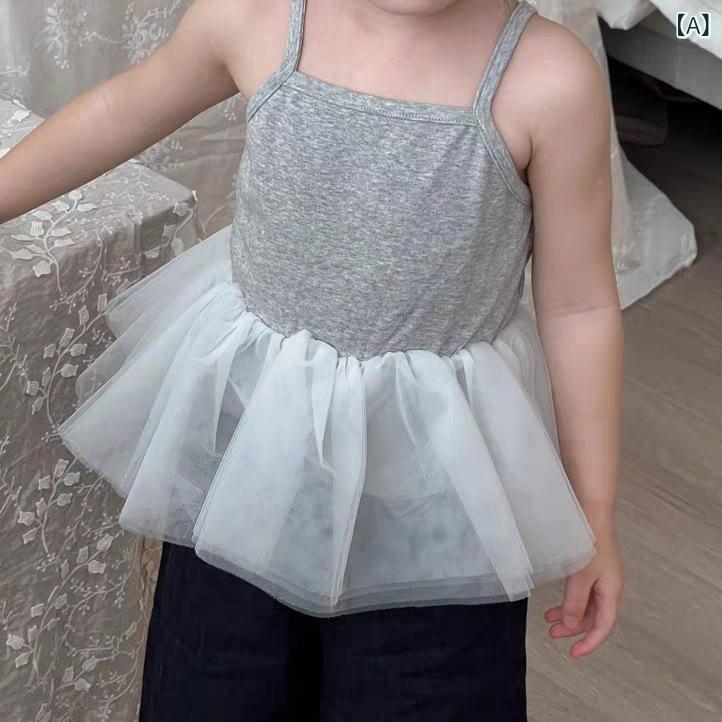 タンクトップ キッズ 女の子 夏 かわいい ノースリーブ キャミソール トップス チュール 切り替え 無地 コットン 涼しい 韓国風 ガールズ ベビー 子供服 グレー