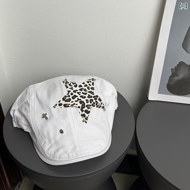ベレー帽 レディース 韓国系 Y2K ヒョウ柄 アメリカンレトロ つば付き 綿 コットン 小顔効果 春夏秋 ストリート ファッション カジュアル おしゃれ 普段使い お出かけ UV対策 通気性