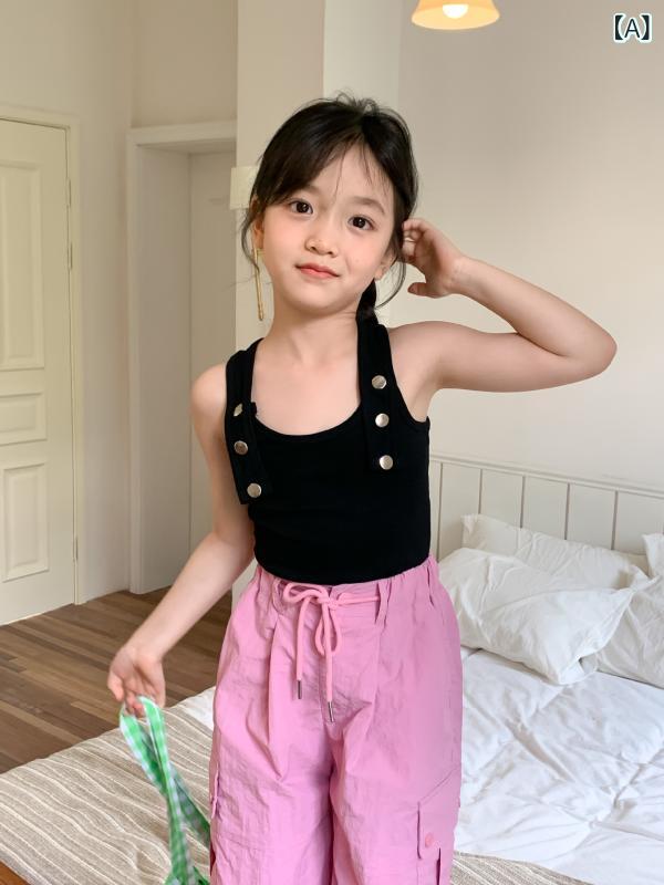 ・カテゴリ: 子供用タンクトップ、キャミソール・性別: 女児・スタイル: 韓国風・袖丈: ノースリーブ・対象年齢: 8歳以上（身長140cm以上）・生地加工: 柔軟加工・柄: 無地・デザイン要素: 可愛い、トレンド・主な素材: 綿 95%・安全基準: B類・フード: フードなし・カラー展開: ブラック、ホワイト、ヘザーグレー・対応身長: 110cm、120cm、130cm、140cm、150cm、160cm、170cm
