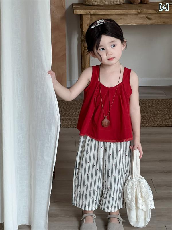 ・カテゴリ: 子供用キャミソール・対象性別: 女の子・スタイル: 韓国風・デザイン: キャミソール・対象年齢: 中小の子供（3〜8歳、100〜140cm）・柄: 無地・主な素材: 綿・素材の含有量: 50%・カラー展開: レッド・サイズ展開: 80cm、90cm、100cm、110cm、120cm、130cm
