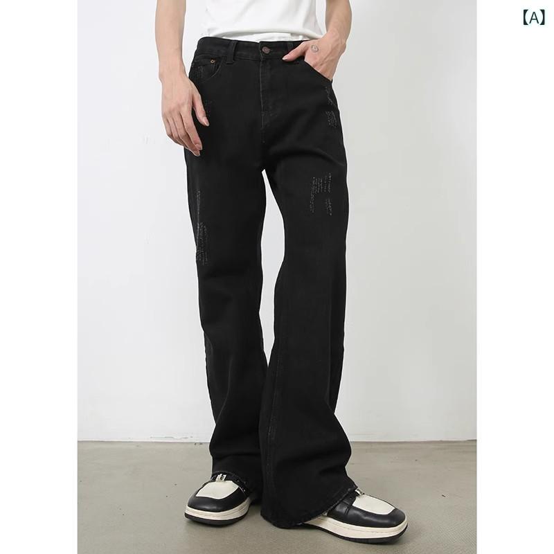 デニム メンズ 韓国風 万能 ベーシック 綿 コットン ストレート スリム 細身 セミフレア ブーツカット ジーンズ パンツ ストレッチ ウォッシュ加工 ユーズド加工 細見え スタイルアップ 普段使い カジュアル ブラック 黒 オールシーズン