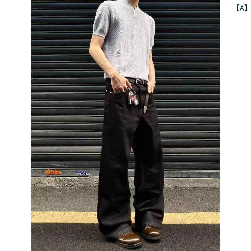 Rakuten - デニムパンツ メンズ 原色 インディゴ ルーズフィット ストレート ワイド ウォッシュ加工 アメカジ ストリート 切り替えデザイン パッチワーク