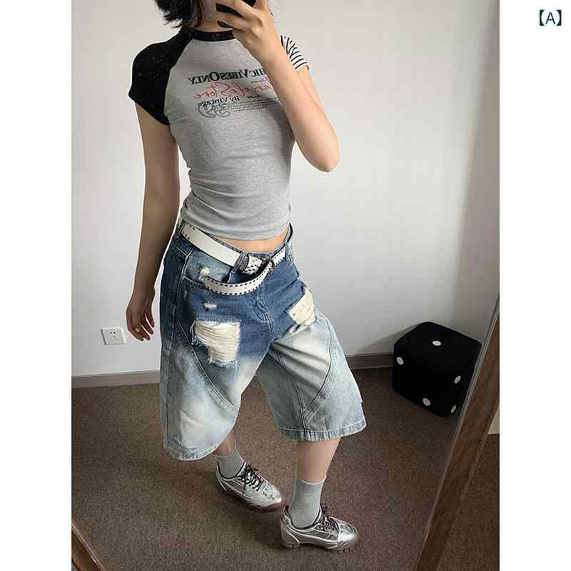 Rakuten - クロップドパンツ ユニセックス デニム 綿 コットン ダメージ加工 ウォッシュ加工 グラデーション アメカジ レトロ ヴィンテージ風 ストレート ゆったり ワイド 七分丈 ブルー ミドルウエスト カジュアル 普段使い