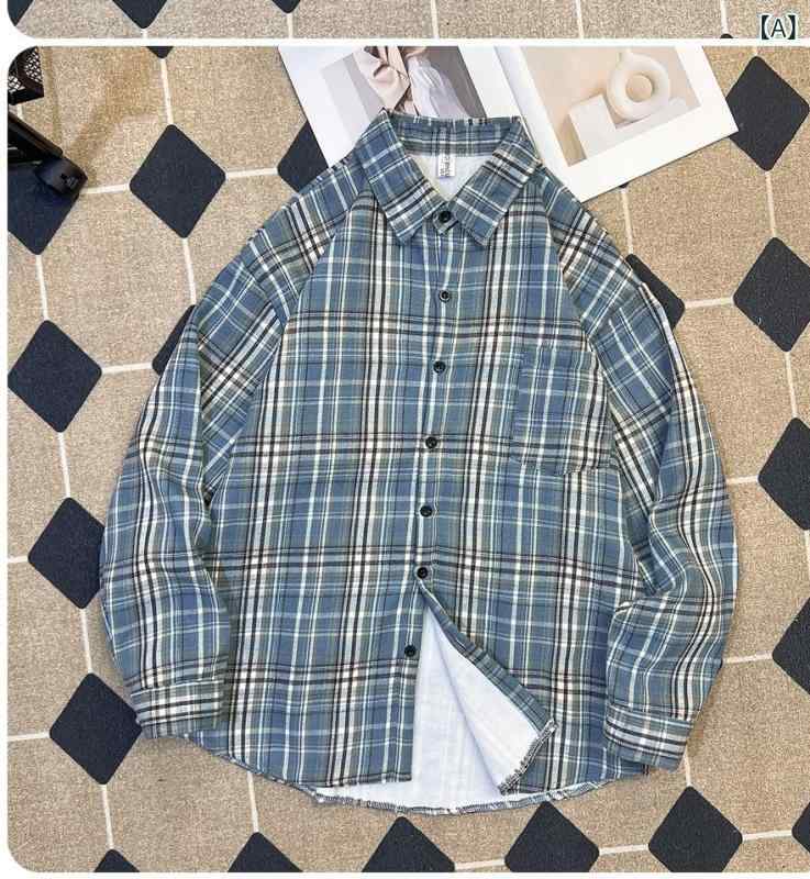 シャツ メンズ アメリカン レトロ チェック柄 長袖 起毛 裏起毛 ゆったり ルーズフィット ブルー アウター トップス ポリエステル 通気性 防シワ 耐摩耗 吸湿速乾 高級感 秋冬