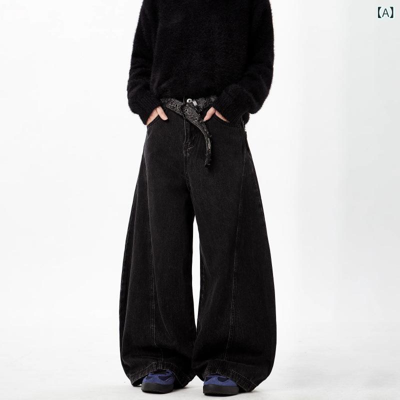 デニムパンツ ユニセックス トレンド 無地 ルーズ リラックスフィット ストレート 微ストレッチ カジュアル 普段使い ロングパンツ 綿 ..