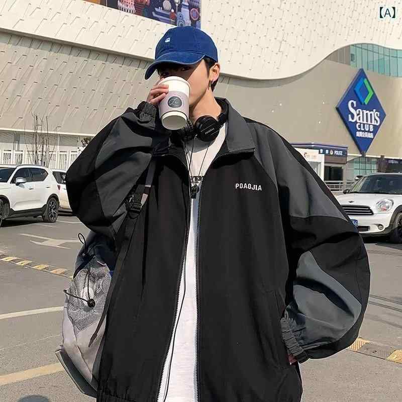ジャケット メンズ 男性用 春秋 アウター フード付き ゆったり ルーズフィット ビッグシルエット ポリエステル カジュアル ストリートファッション 切り替えデザイン ジップアップ ブラック ネイビー