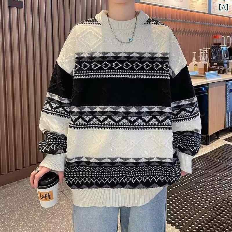 ニット メンズ 秋冬 アボカドグリーン ストライプ柄 切り替えデザイン ゆったり オーバーサイズ レトロ..