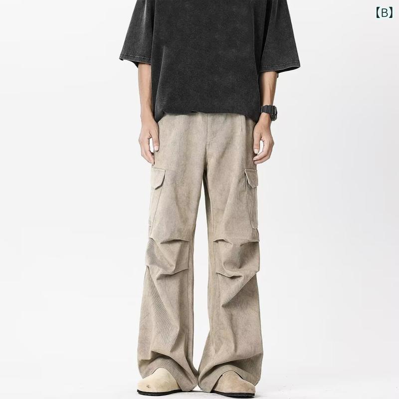 パンツ 男女兼用 ユニセックス 絞り染め ストリート カーゴ パラシュート ルーズフィット ミッドライズ ロング丈 アメカジ レトロ ワイルド 高級感 褶皺 コットン 微ストレッチ 秋冬