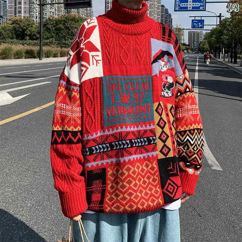ニット 男女兼用 お正月 冬 裏起毛 保温 厚手 ルーズフィット オーバーサイズ ハイネック 長袖 韓国ストリート ファッション トレンド カップル ペアルック アクリル 大きいサイズ セーター
