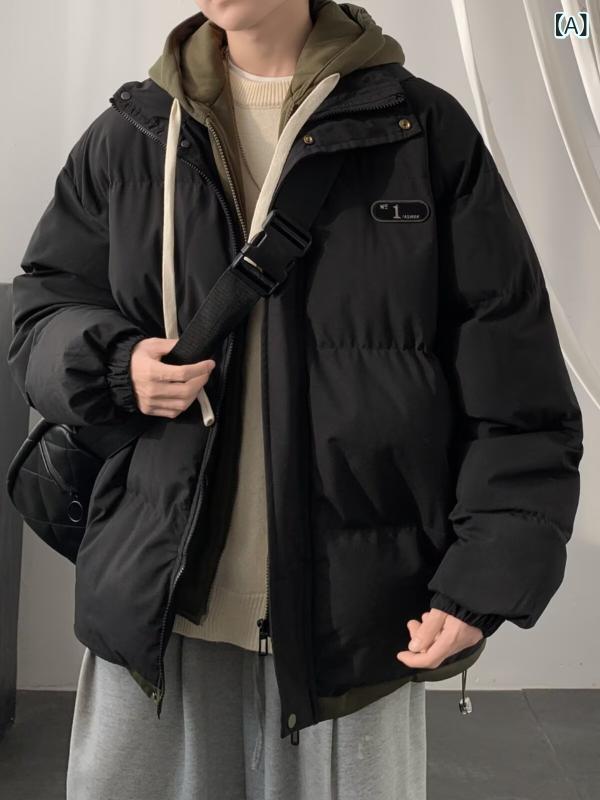 ・カテゴリ: 中綿ジャケット・スタイル: 香港風・タイプ: カーディガン・フィット: ルーズ・前開き: ジッパー・中綿: ポリエステル・フード: 付き・厚さ: 裏起毛・柄: 無地・対象: ティーン・主な素材: ビニロン・裏地素材: ポリエステル・生地素材: ポリエステル・機能: 保温・加工: パッチワーク・デザイン詳細: パイピング装飾・ポケットスタイル: サイドポケット・カラー展開: ブラック、グレー、ブルー、アプリコット、ピンク・サイズ展開: M、L、XL、2XL、3XL、4XL・着丈: レギュラー丈・襟タイプ: ノーカラー・対象年齢: 成人・性別: メンズ