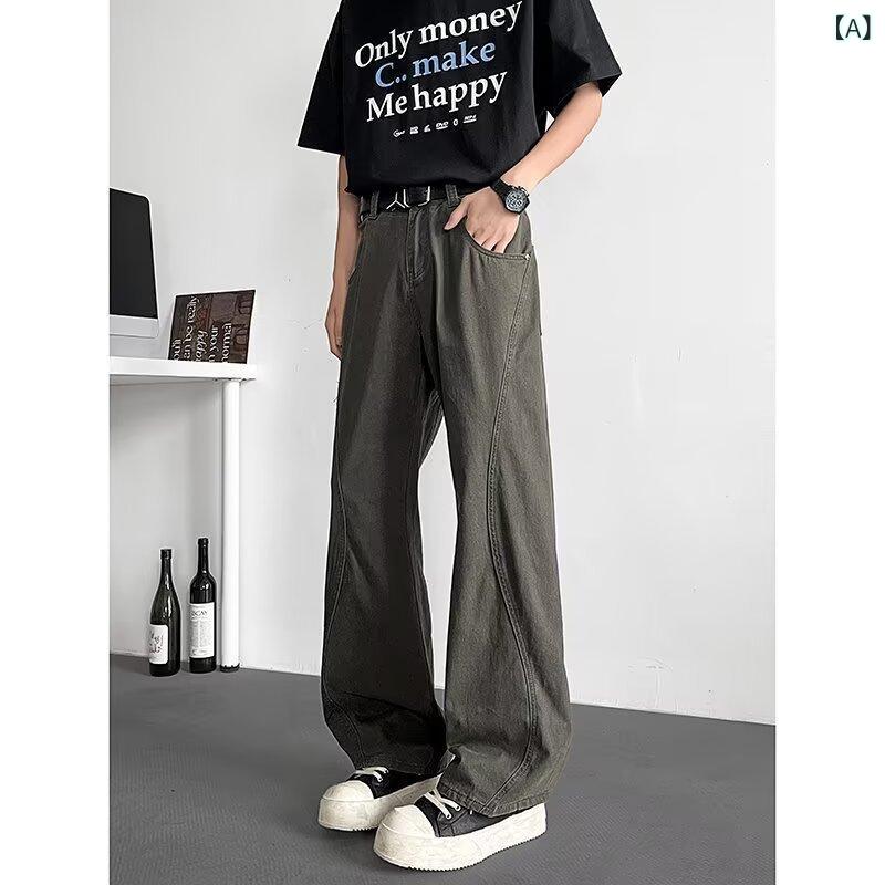 デニムパンツ メンズ ウォッシュ加工 ダメージ加工 レトロ ヴィンテージ アメカジ ゆったり ルーズ ミッドライズ ストレートシルエット ブラウン コットン ストレッチ 普段使い マルチポケット オールシーズン