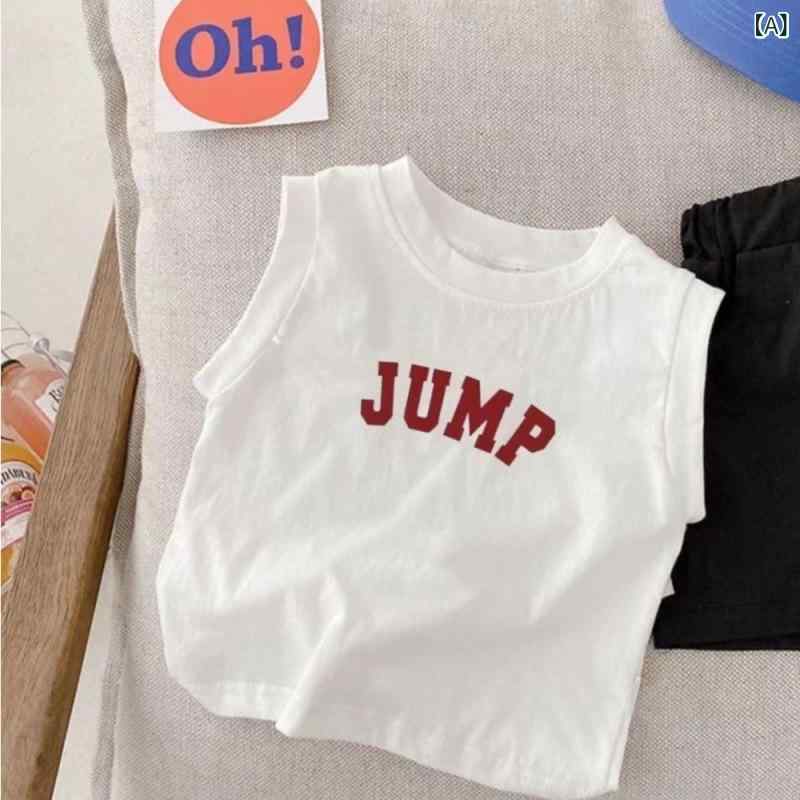 ・カテゴリ: 子供用タンクトップ、キャミソール・対象性別: 男女兼用・スタイル: カジュアル・袖丈: ノースリーブ・対象年齢: 中小童（3〜8歳、身長100〜140cm）・生地加工: 柔軟処理・柄: アルファベット・主な素材: 綿・素材割合: 綿 ・安全基準: B類・ネックライン: クルーネック・フード: なし・カラー展開: ホワイト、ブラック・サイズ展開: 80cm、90cm、100cm、110cm、120cm、130cm、140cm、150cm