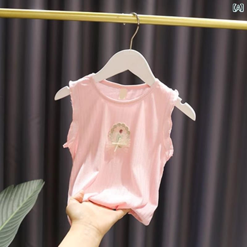 ・スタイル: 韓国風・袖丈: ノースリーブ・対象年齢: 3〜8歳（100〜140cm）・生地加工: 柔軟加工・柄: 花柄・主な素材: 綿・素材割合: 綿 65%・安全基準: B類・ネックライン: クルーネック・フード: なし（フードなし）・カラー展開: ピンク、グリーン、ホワイト、イエロー・サイズ展開: 80cm、90cm、100cm、110cm、120cm・カテゴリ: キッズタンクトップ・キャミソール