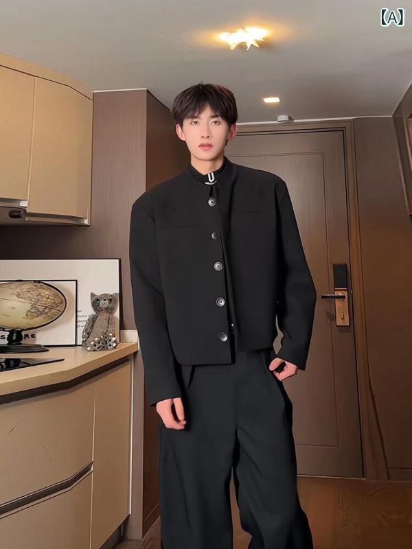 ジャケット メンズ 男性用 オールドマネー風 トラッドスタイル 新中華風 ショート丈 スリムフィット ポ..