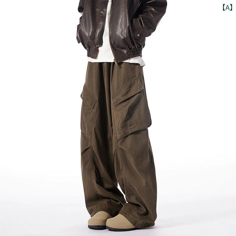 カーゴパンツ メンズ アメカジ ストリート デザイン性 ワイドストレート 機能性 ロングパンツ ルーズフィット カジュアル 多ポケット イージーケア ポリエステル 春秋 ブラウン ブラック グリーン