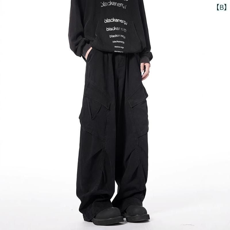 カーゴパンツ メンズ アメカジ ストリート デザイン性 ワイドストレート 機能性 ロングパンツ ルーズフィット カジュアル 多ポケット イージーケア ポリエステル 春秋 ブラウン ブラック グリーン