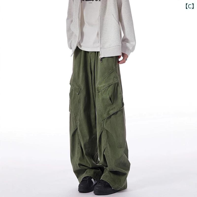 カーゴパンツ メンズ アメカジ ストリート デザイン性 ワイドストレート 機能性 ロングパンツ ルーズフィット カジュアル 多ポケット イージーケア ポリエステル 春秋 ブラウン ブラック グリーン
