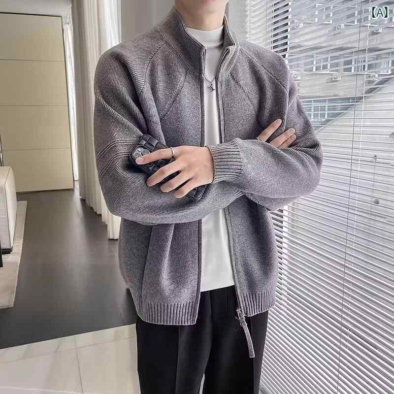 Pants - ニットカーディガン メンズ ブラック スタンドカラー ジップアップ 厚手 高級感 ゆったり ルーズフィット ジャガード織り ポリエステル 通気性 長袖 韓国風 秋冬