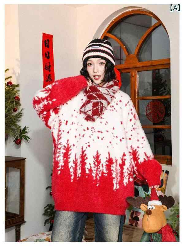 ニット メンズ 秋冬 レッド 赤 ハイネック 雪柄 ジャガード織り ゆったり オーバーサイズ あったか 厚手 アクリル素材 ペアルック セーター クリスマス 年末年始 お正月 イベント カジュアル