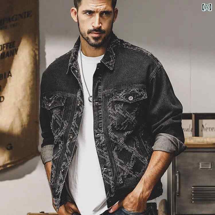 ジャケット メンズ デニム ワーク アメリカン レトロ ウォッシュ加工 ジャカード織り ゆったり オーバーサイズ 厚手 カジュアル ブラック コットン 原宿