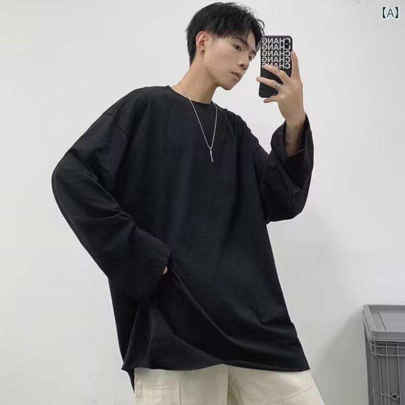乐天商城 - Tシャツ メンズ ホワイト 長袖 春夏秋 ゆったり オーバーサイズ カジュアル ストリート 普段使い 着回し 韓国ファッション 丸首 クルーネック 綿 コットン 無地 ドロップショルダー カットソー