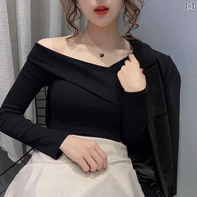 樂天商城 - Tシャツ レディース 女性用 ワンショルダー オフショルダー 肩出し 長袖 スリムフィット セクシー 抜け感 大人カジュアル シアー メッシュ 切り替え ブラック ホワイト 秋冬