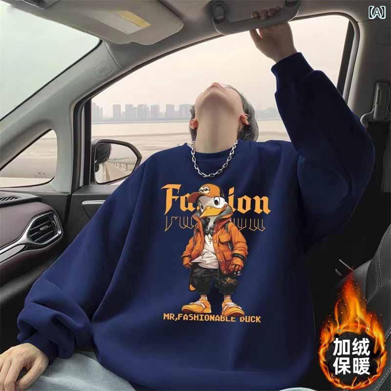 スウェット メンズ アメリカン キャラクター プリント 裏起毛 長袖 プルオーバー スタンドカラー 綿素..