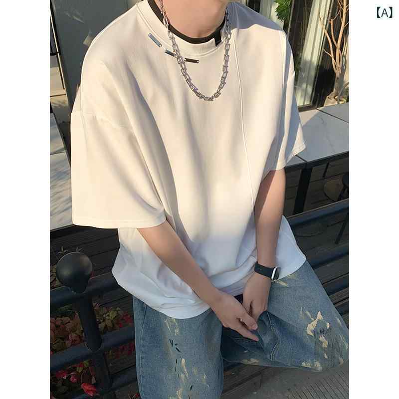 樂天商城 - Tシャツ メンズ 男性用 ヘビーウェイト 厚手 260g アメリカンデザイン 半袖 ショートスリーブ 小さめクルーネック 丸首 メタルボタン デコンストラクト 個性的 トレンド ストリート 高級感 ビッグシルエット 綿 コットン トップス カジュアル 普
