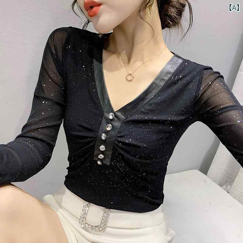 Tシャツ レディース Vネック 長袖 スリムフィット ボタン ラインストーン 切り替え メッシュ素材 ナイロン 細見え カジュアル おしゃれ 着回し プルオーバー 快適 春秋(4)