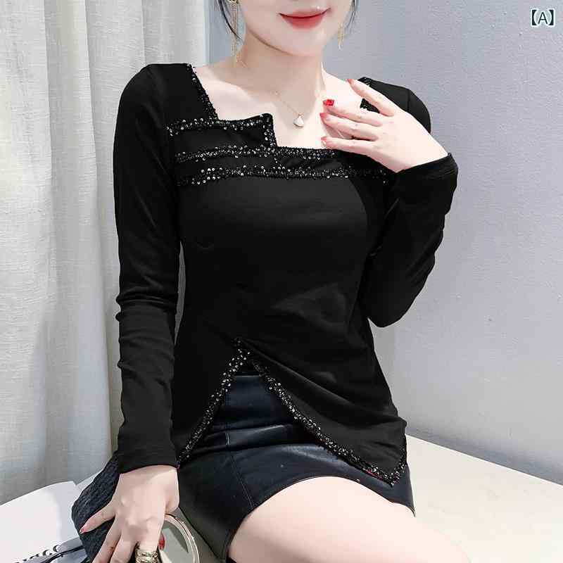 Tシャツ レディース 女性用 秋冬 デザイン性 スクエアネック 不規則 プリーツ 切り替え 長袖 トップス スリムフィット 着痩せ効果 快適 カジュアルスタイル ネット素材 ナイロン プリント柄