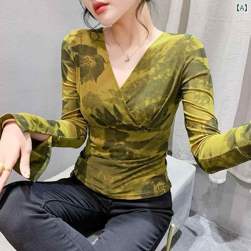 Three-Quarter - Tシャツ レディース 秋冬 プルオーバー メッシュ 花柄プリント 長袖 Vネック カジュアル スリムフィット プリーツ 切り替え ナイロン素材 快適な着心地 イエロー ブラック