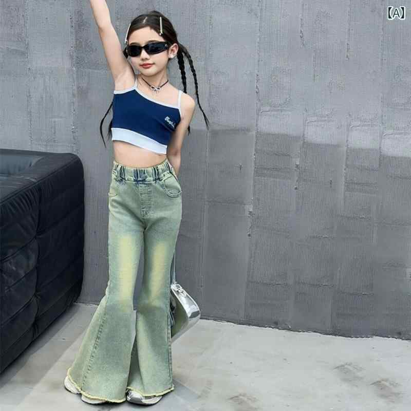 パンツ キッズ 女の子 春秋 フレアパンツ スリム 細身 ロング丈 デニム ハイウエスト おしゃれ かわいい 韓国風 カジュアル 無地 柔らか