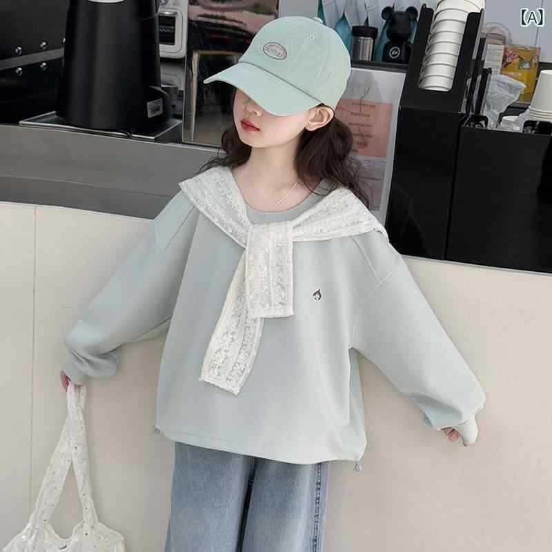 セットアップ 女の子 キッズ ガールズ ジュニア 春秋 スウェット プルオーバー トップス デニムパンツ ジーンズ 長ズボン 韓国風 カジュアル 綿混紡 無地 2点セット